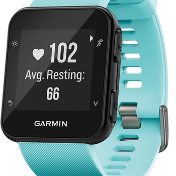 Garmin Forerunner running watch in blue, displaying heart rate on face, on a white background.