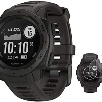 Garmin Instinct Rugged Outdoor Watch in black shown in close up and small, on a white background.