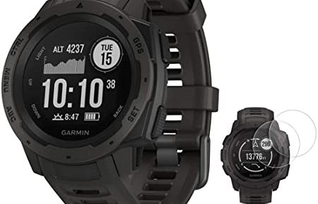 Garmin Instinct Rugged Outdoor Watch in black shown in close up and small, on a white background.