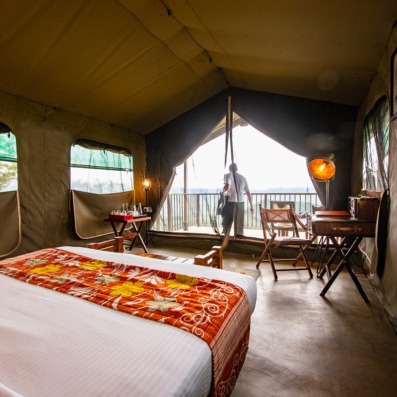 Bedroom inside of a luxury camp on the Sri Lankan highlands.