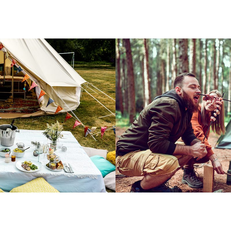 Glamping dinner vs. camping skewer dinner