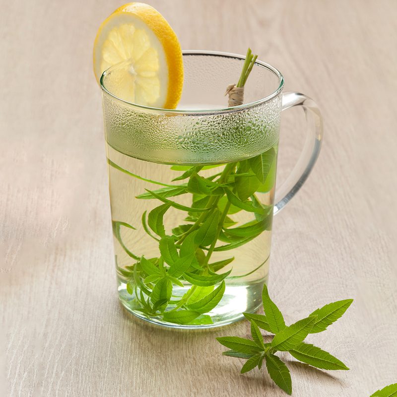 Glass with lemon verbena tea.