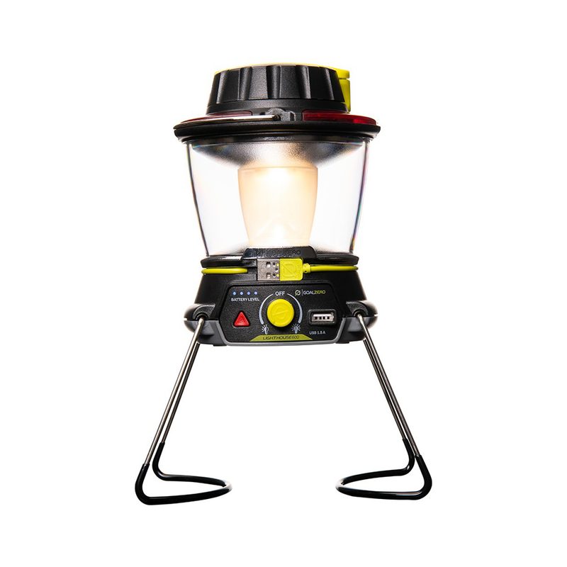 An illuminated Goal Zero Lighthouse Rechargeable Lantern.