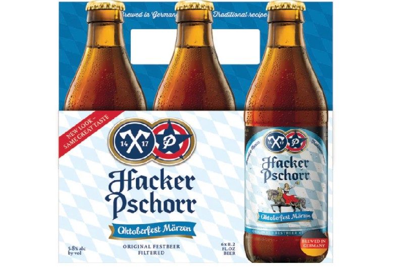 A six pack of Hacker-Pschorr Oktoberfest beer.
