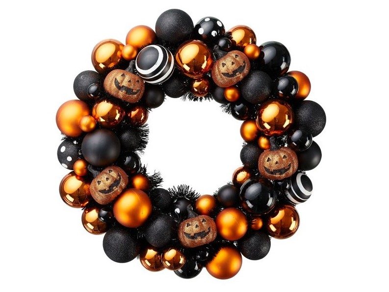 Halloween seasonal door wreath with pumpkins and eyeballs.