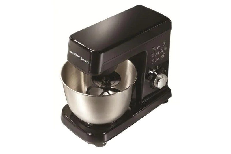 black hamilton beach stand mixer with a white background.