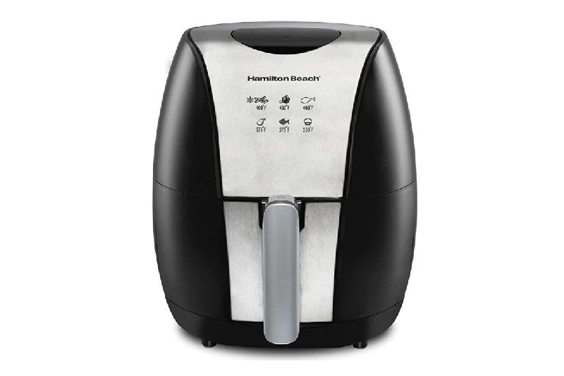 Black and silver air fryer from Hamilton Beach.
