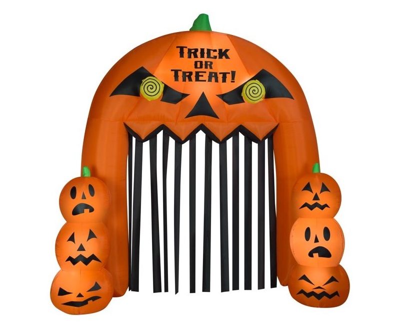 Jack O Lantern inflatable entryway decoration for Halloween.