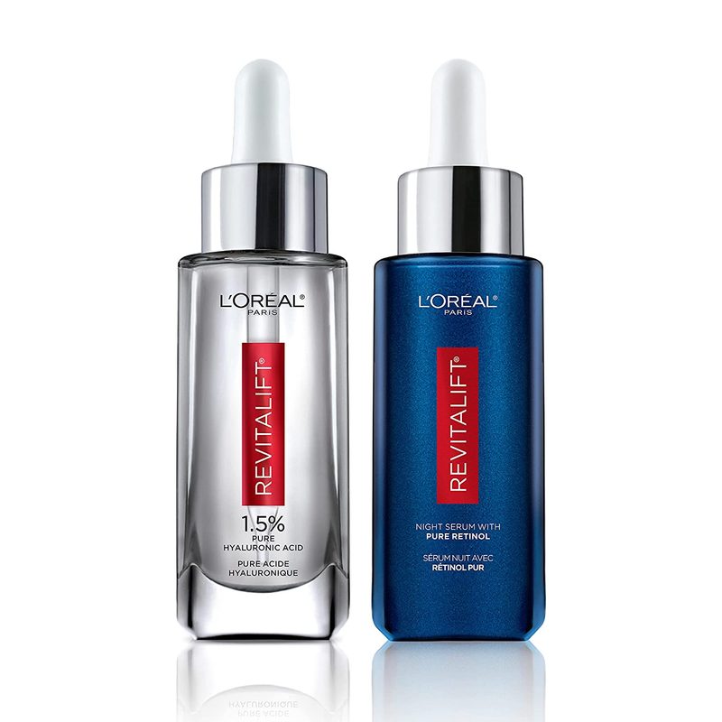 L'Oreal Paris 1.5% Pure Hyaluronic Acid Serum For Face with Vitamin C and .3 Pure Retinol Night Serum for Face Revitalift Derm Intensives Anti-Aging Skin Care Day Night Regimen, 1 kit on a white background.