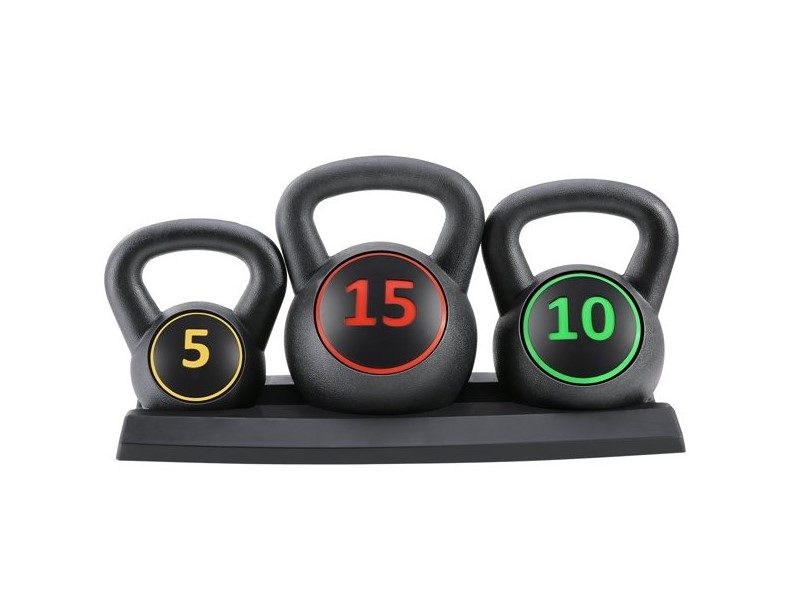 MaxKare 3-Piece Kettlebell Set with rack to store.
