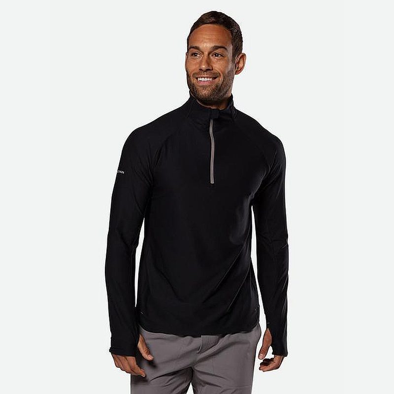 A male model wearing a black long-sleeve shirt from Nathan.