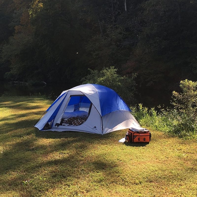 Dome tent in a forest clearing.