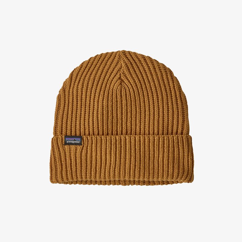 A brown Patagonia Fisherman's Beanie on white background.