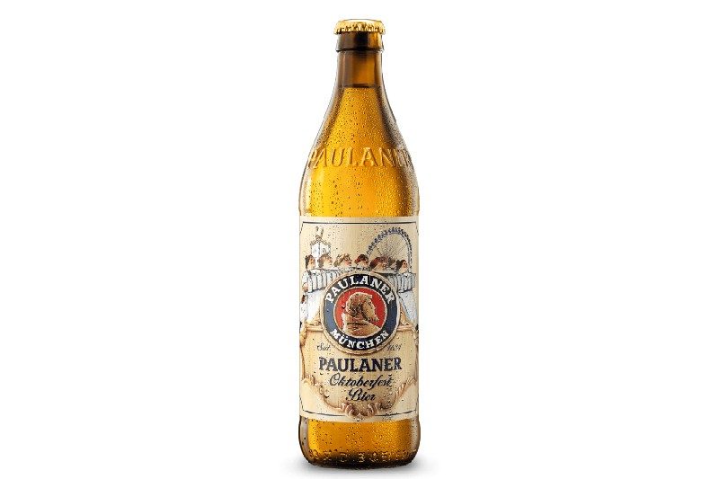A bottle of Paulaner Oktoberfest beer.
