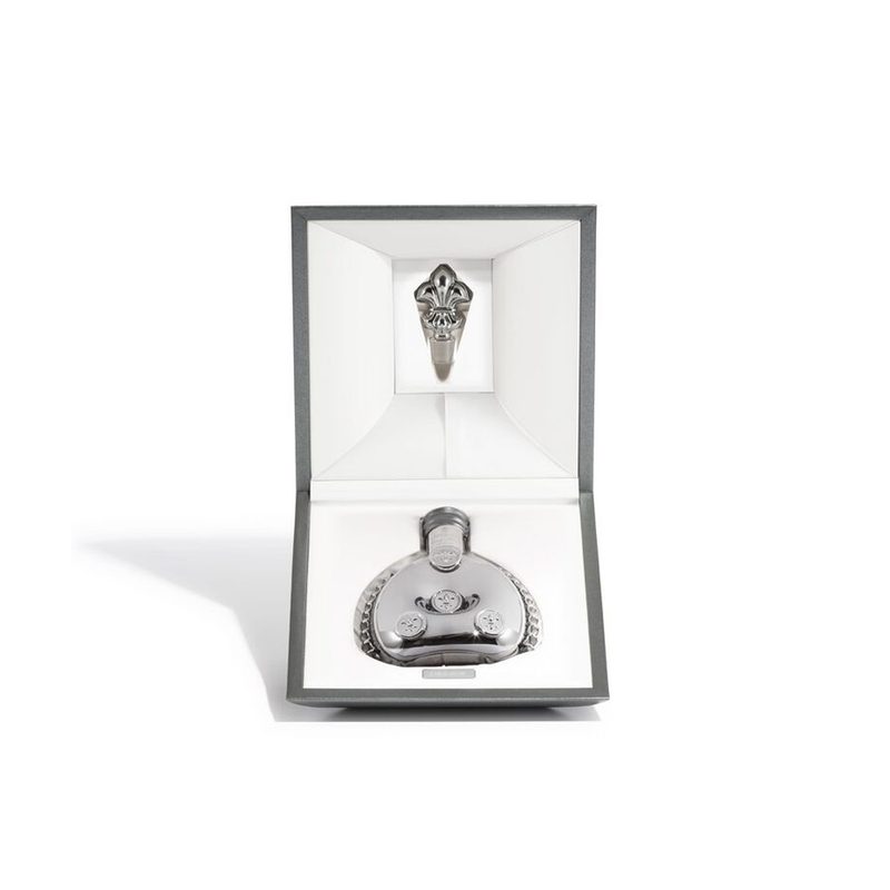 A bottle of Remy Martin Louis XIII Black Pearl Grande Champagne Cognac in its casing.