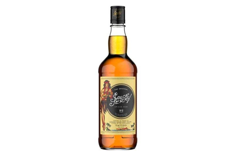 Bottle of Sailor Jerry Spiced Rum with a white background.