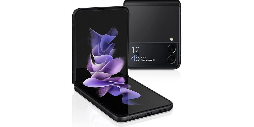 Samsung galaxy Z Flip 3 on a white background.