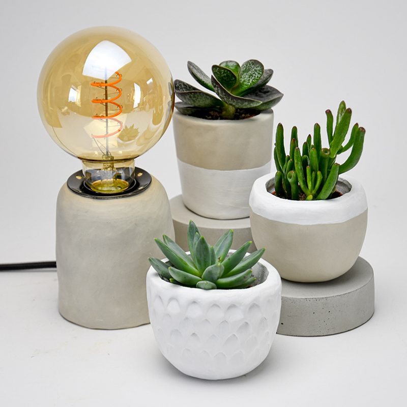 Sculpd filament lamp and succulent pottery pieces.