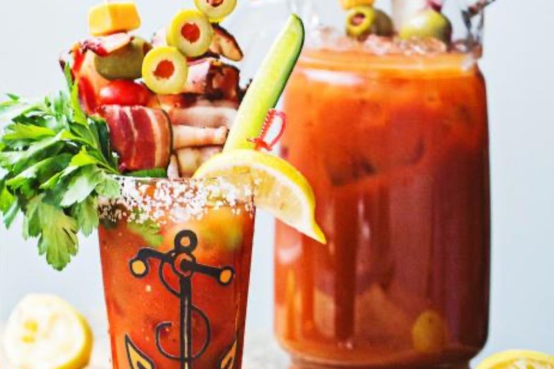 A Spiced Rum Bloody Mary with many, many garnishes.