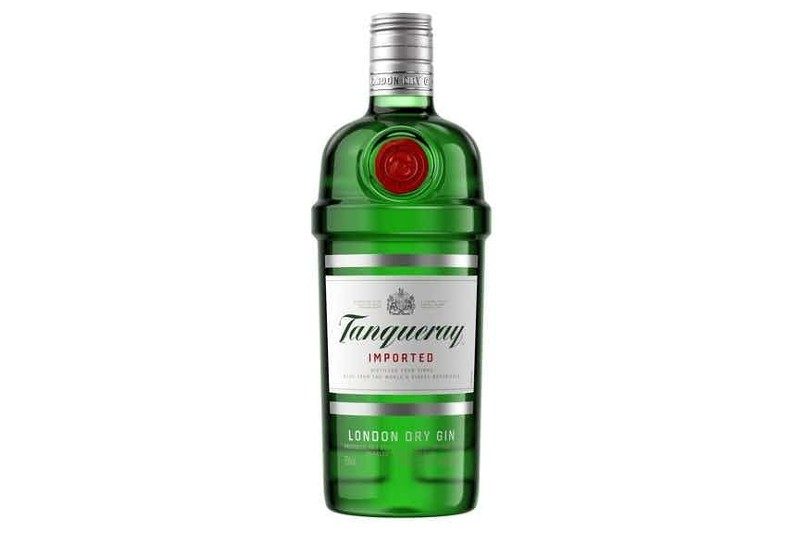 bottle of Tanqueray gin with a white background.