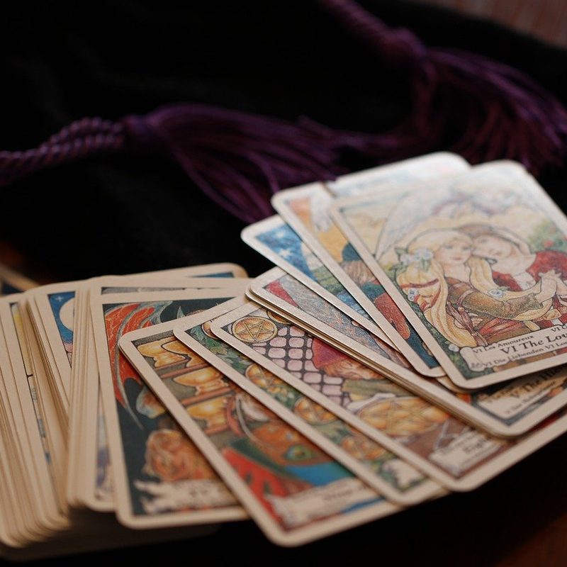 tarot cards spread on a table.