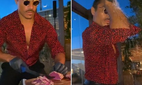 Salt Bae serves up an approximately $830 steak at the chef's new Nusr-Et Steakhouse in London.