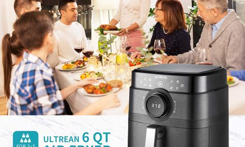 Ultrean Air Fryer XL 6 quart electric cooker shown in front of happy family sharing a meal.