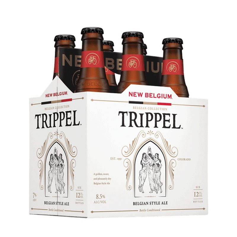 six pack of New Belgium Trippel against a white background.
