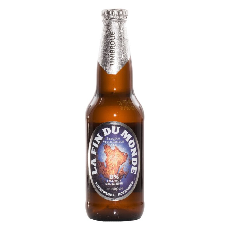 bottle of La Fin Du Monde against a white background.