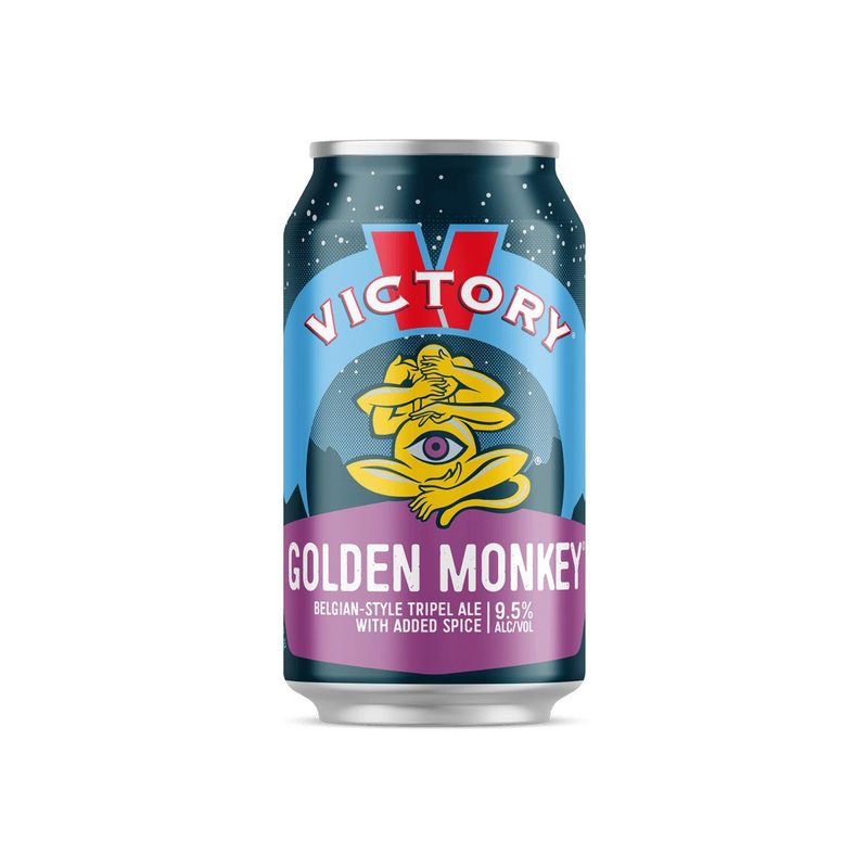 can of Victory Golden monkey beer against a white background.