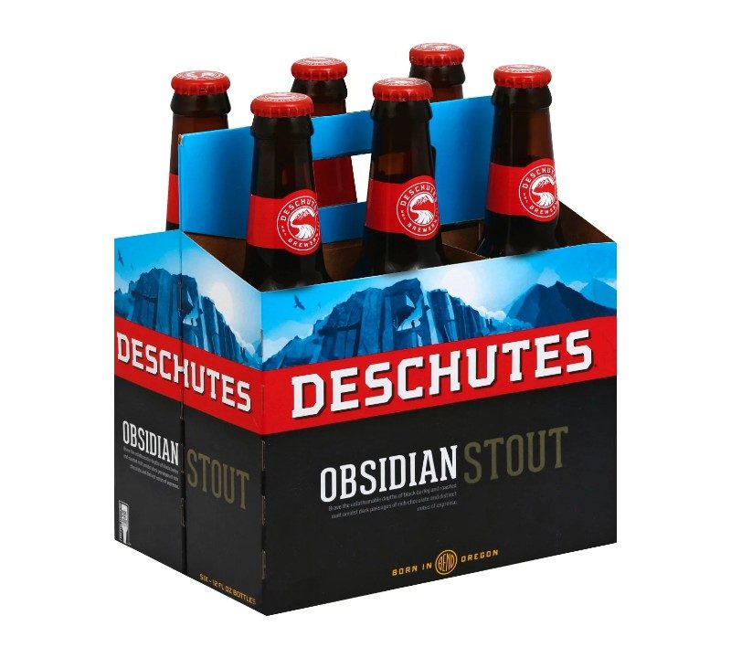 six-pack of Deschutes obsidian stout beer against a white background.