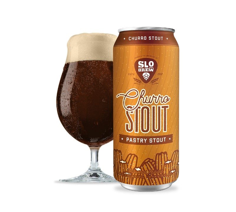 can of churro Pastry Stout beer with a tulip glass full of beer.