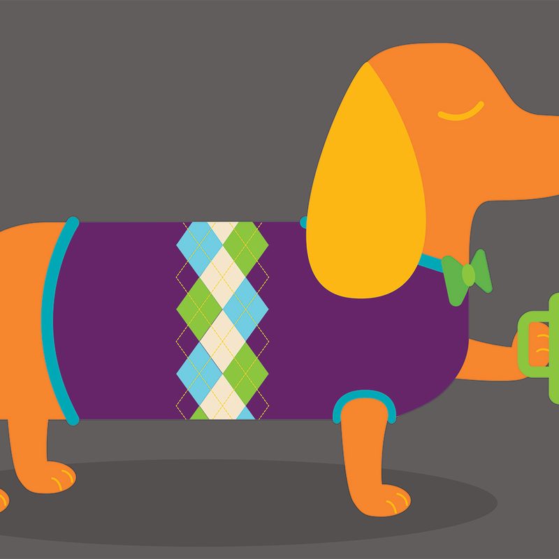 Weiner dog with a coffee mug