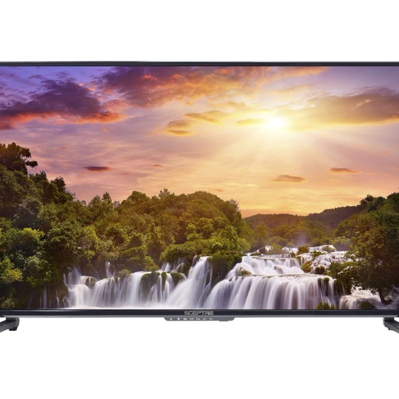 Sceptre 43 Class 4K UHD LED TV HDR with a waterfall scene on the display.