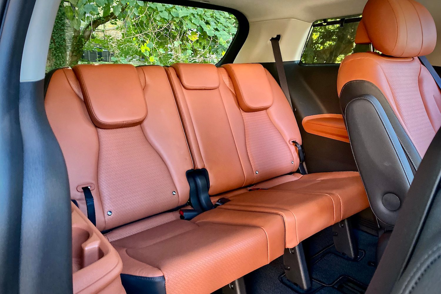 Third-row seat in the Kia Carnival with trees in the back.