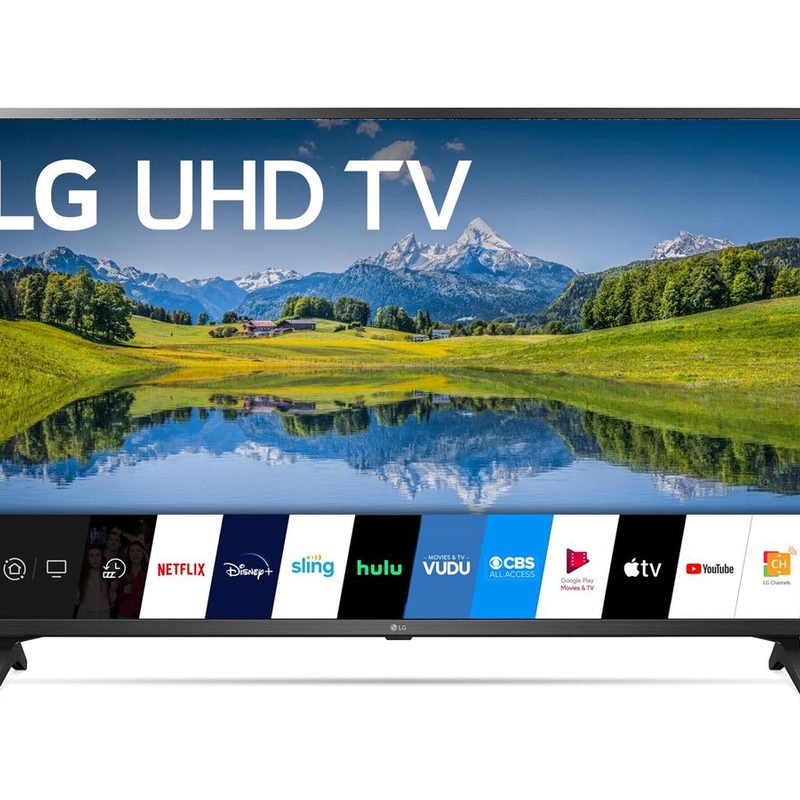 LG 75 Class 4K UHD 2160P Smart TV with streaming apps displayed across the bottom and a mountain scene screensaver.