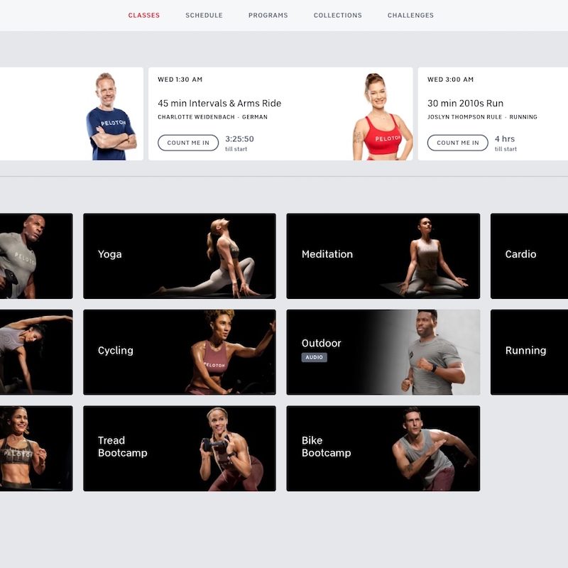 Landing screen for Peloton classes.