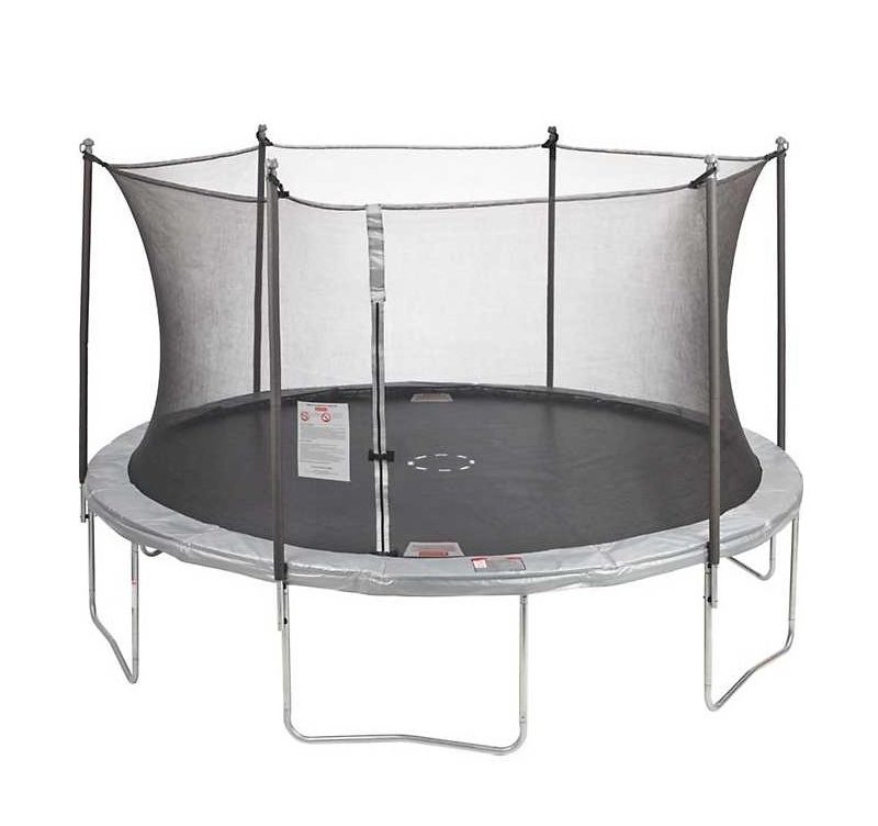 AGame 12-foot round trampoline with enclosure for outdoors.