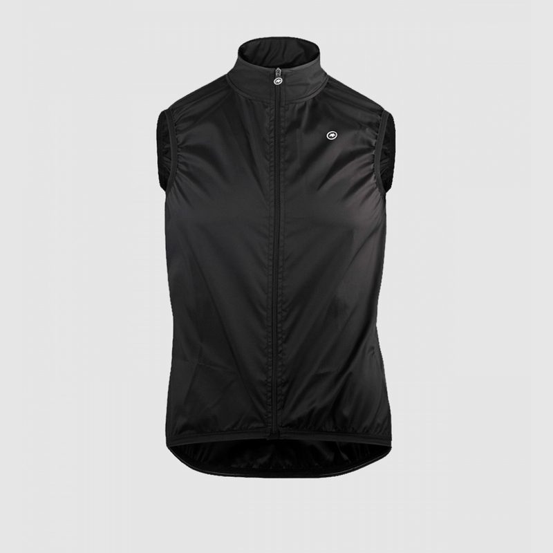 A black Assos Mille GT Wind Vest on plain background.