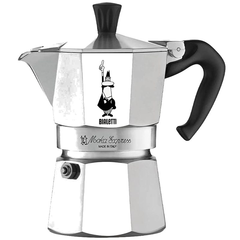 Bialetti Moka Express on a white backdrop.