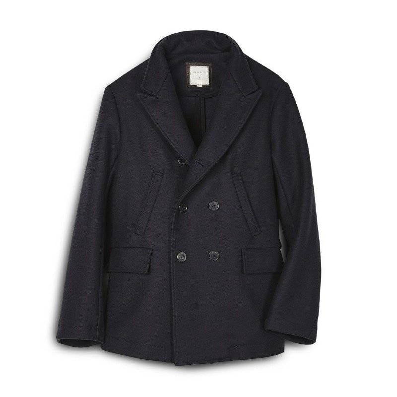 Billy Reid Bond Peacoat on white background.