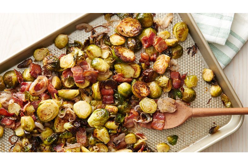 roasted Brussels sprouts with bacon in a sheet pan.