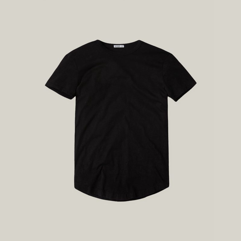 A black Buck Mason Slub Curved Hem T-Shirt on plain background.