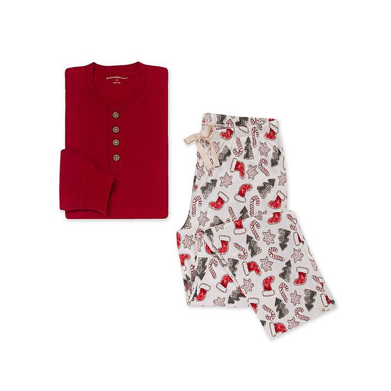 A red Henley t-shirt and lounge pants with holiday-inspired print from Burt's Bees.