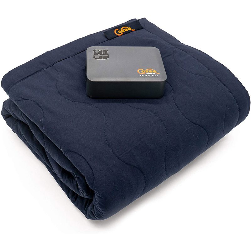 A Cozee Heated Blanket with a battery pack on top.