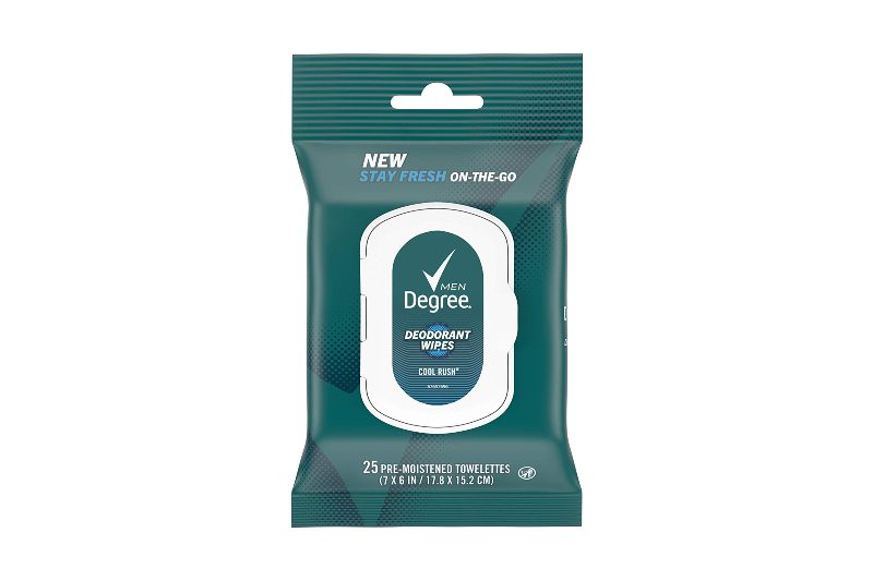 Degree Men On-the-Go wipes displayed on a white background.