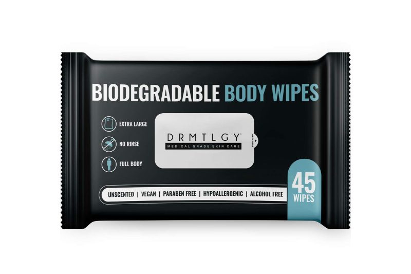 DRMTLGY biodegradable men's body wipes displayed on a white background.