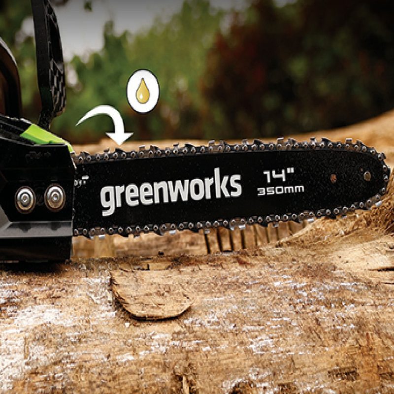 Greenworks 40V 14-inch Brushless Chainsaw resting on wood.