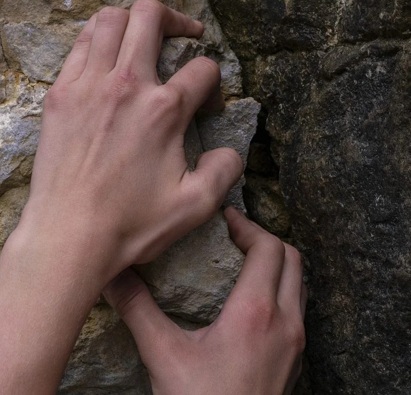 a pair of hands gripping onto a rock formation.