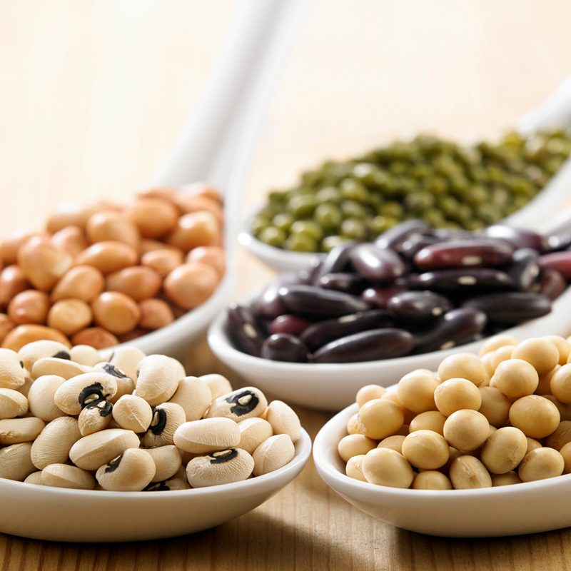 A variety of legumes on white spoons